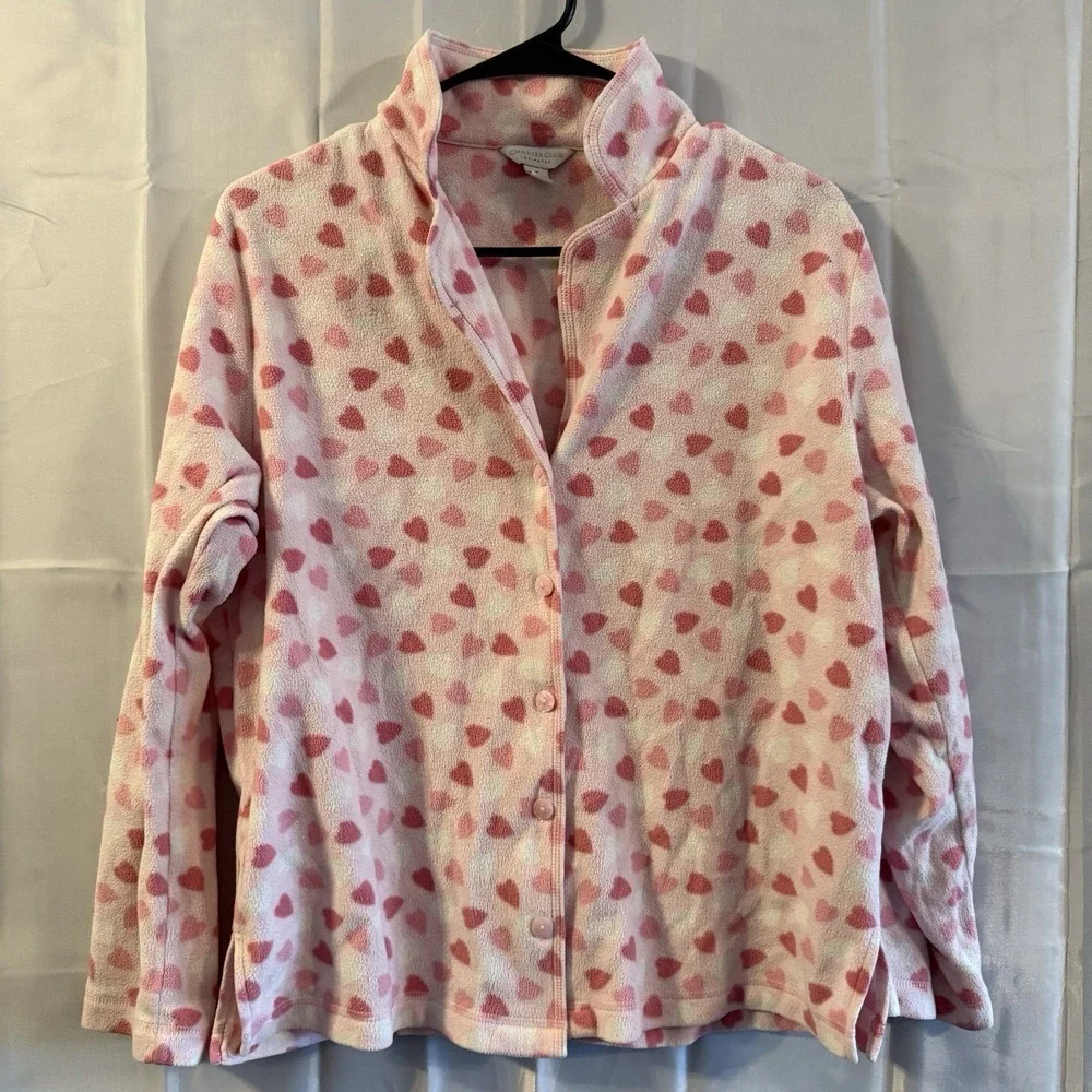 Womens‎ M Pink Pajama Set Hearts Button Up Sleep Shirt Pants Pjs Warm Fleece